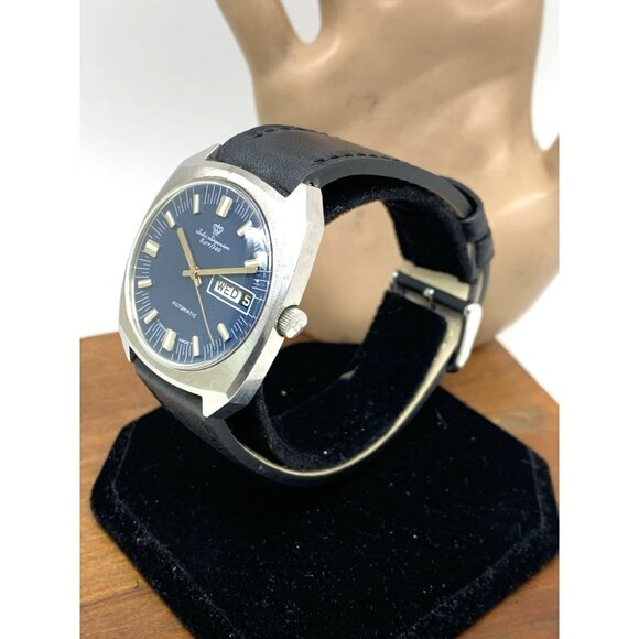 Jules Jurgensen Men's Watch Vintage Swiss Automatic Blue Dial Day Date 35mm - Picture 2 of 15